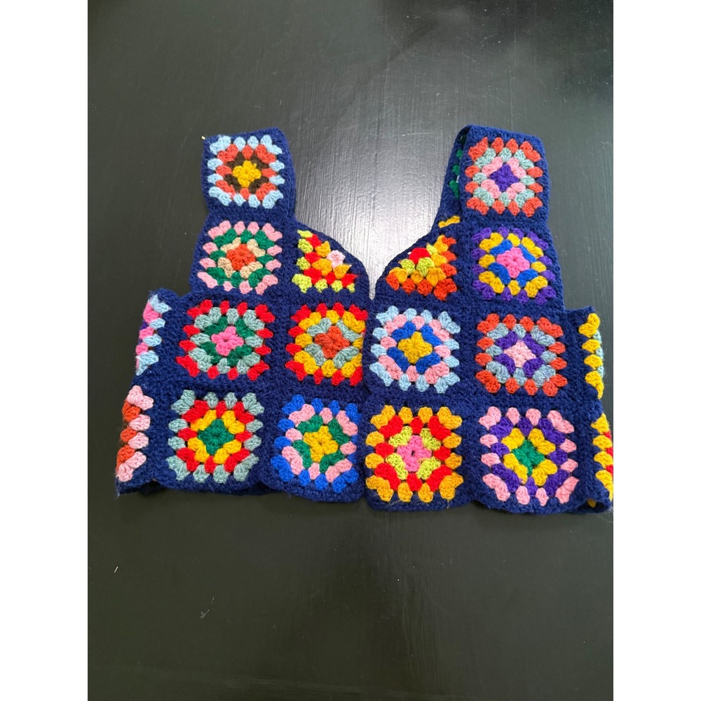 Handmade Crochet Granny Square Crop Top Navy Blue Multi Color Boho Knit Vest